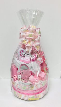 a bag filled with lots of pink items