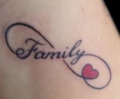 a tattoo with the word family written in cursive writing and a heart on it