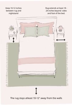 a bed with pink and green pillows on top of it, next to a white nightstand