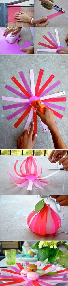 the process of making paper flowers is shown in several different ways, including using strips of colored paper to make them look like they are floating on water