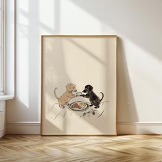 a dog and cat eating food from a plate on the floor in front of a window