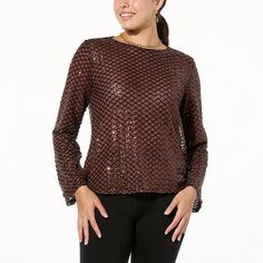 TWRHLL by Christie Brinkley Sequin Crew-Neck Top  TWRHLL is keeping you warm and bright this fall and winter with a twinkling, long-sleeve top that also transitions into spring. The sequin-detailed layer is so fab for styling with lots of looks—jeans when you're feeling more relaxed, fun skirts and sleek pants when you're feeling more festive, and peeking out from under a cardi or blazer when you're feeling more playful. Festive Stretch Tops For Fall, Festive Fall Stretch Tops, Festive Fitted Tops For Fall, Fitted Tops For Fall Festivities, Fitted Tops For Festive Fall Season, Fitted Tops For Festive Fall Occasion, Brown Winter Party Tops, Winter Party Brown Tops, Fall Tops For Night Out