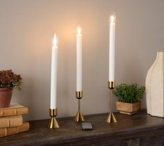 three candles are on a mantle with books and a potted plant