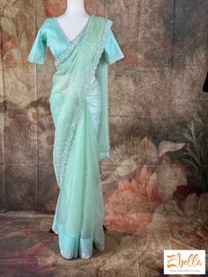 Sea green Organza silk saree with sequins and bead work, stitched blouse Sea Green Saree, Light Sea Green, Organza Silk Saree, Tissue Saree, Green Saree, Seafoam Green, Tiffany Blue, Sea Green, Ash Grey