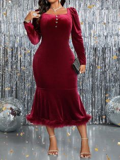 Plus Size Elegant Velvet Sweetheart Neck Puff Sleeve Fish Tail Hem Dress Burgundy Party  Long Sleeve Knitted Fabric Plain Bodycon Medium Stretch  Women Plus Clothing, size features are:Bust: ,Length: ,Sleeve Length: Church Dresses For Women Classy Chic, Plus Prom Dresses, Burgundy Party, Purple Velvet Dress, Velvet Dress Long, Wine Dress, Plus Size Elegant, Elegant Midi Dresses, Fish Tail