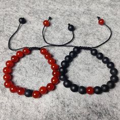 ADJUSTABLE Distance Bracelets Set - Black & Red Onyx Matching Pair - Long Distance - For Friendships/relationships/couples - Gemstone Bracelet. Product details: Bracelet type: bead Material: Black Onyx & Red Onyx Color: Black & Red Band type: Thread Dimensions: Bead size: 8mm Bracelet length: 6-8 Inches (Slide design made to fit wrists of all sizes! One size fits all.) Weight: 17 gm (Approx.) 1. Choose between ordering a set or single bracelets above! This allows you to send the different colors Unique Matching Bracelets, Adjustable Red Crystal Bracelet With Gemstone Beads, Red Beaded Bracelets With 8mm Beads As A Gift, Red Beaded Bracelets With 8mm Beads For Gift, Adjustable Hand-strung Red Wristband, Adjustable Red Bracelets With Round Beads, Adjustable Red Round Bead Bracelets, Adjustable Red Beaded Gemstone Bracelets, Red Adjustable Gemstone Beaded Bracelets