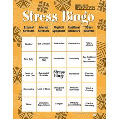 Explores external stressors, internal stressors, physical symptoms, emotional/behavioral systems, and stress relievers Healthy competition and fun make this one of our best-selling games Game has 16 laminated BINGO cards, 75 calling cards, facilitator’s instruction sheet, and reproducible handouts meant to be used in clinics or classrooms Explores external stressors, internal stressors, physical symptoms, emotional/behavioral systems, and stress relievers. Healthy competition and fun make this o Therapeutic Games, Group Counseling Activities, Healthy Competition, Mental Health Activities, Therapy Games, Therapeutic Activities, Counseling Activities, Group Therapy, Relaxing Activities