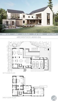 two story house plans with an open floor plan and large windows on the second level