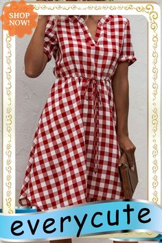 Fashion Casual Plaid Split Joint V Neck Irregular Dress Dresses Casual Plaid A-line Dress, Casual Red Midi Dress For Picnic, Casual V-neck Dress For Picnic, Spring Plaid A-line Dresses, Casual Fall Picnic Dresses, Casual Mini Dress With Asymmetrical Hem, Casual A-line Mini Dress For Picnic, Plaid Short Sleeve Spring Dress, Plaid Short Sleeve Dress For Spring