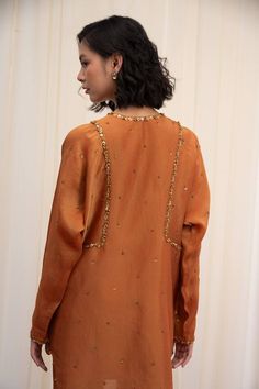 Mustard yellow tunic with bead and sequin mebroidery. Paired with a pant. - Aza Fashions Embellished Long Sleeve Chanderi Kurta, Eid Embellished Chinon Blouse, Festive Yellow Embellished Kurta, Designer Yellow Embellished Kurta, Gold Silk Embellished Kurta, Gold Embellished Silk Kurta, Mustard Suits Women, Festive Embellished Tunic Set, Long Sleeve Embellished Festive Tunic