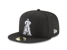 the los angeles angels new era 59fifty fitted cap is shown in black and white