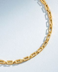 Crafted with 18-karat gold, this block-chain bracelets presents a symphony of four-sided hallow links. Each hollow block interlocks to form a chain that is both lightweight and striking in its thickness. Clean lines make this necklace is a versatile statement piece to wear all day or night. Details 18k yellow gold, rose gold or white gold 7" bracelet inch is adjustable at 6.5" inches 8" inch bracelet is adjustable at 7.5" inches 2.2mm link thickness Ref: GCB132 Modern Gold Chain Bracelet With Hook And Links, Formal Gold Bracelet With Rectangular Links, Luxury Chain Bracelet With Rectangular Links And Hooks, Gold Chain Bracelet With Rectangular Box Links, Gold Chain Bracelet With Box Links, Luxury Chain Necklace With Rectangular Links, Timeless Chain Necklace With Rectangular Links, Gold-plated Bracelet With Rectangular Links, Rectangular Yellow Gold Chain Bracelet