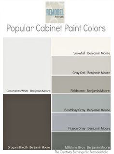 the color scheme for popular cabinet paint colors, including grays and browns with white trim