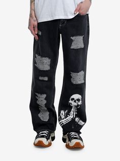 Take your skeletons out of the closet for a bit of fresh air! These black denim pants have a straight leg fit  and feature destruction down the legs. Comes with 5-pocket styling and a patch depicting a skeleton praying.100% cottonWash cold; dry lowRise: 10 12''Inseam: 31 12''Leg: 9 12''ImportedListed in men's sizesModel is 6'1''Model wears size 32W x 32L Black Denim Pants, Disney Dragon, Exploding Kittens, Emily The Strange, Emo Boy, Out Of The Closet, A Skeleton, The Big Lebowski, Ghost Rider