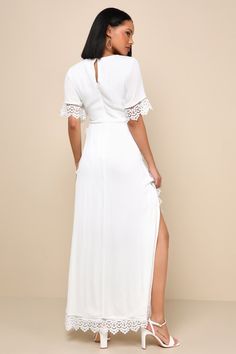 No matter the event, you'll look stunning in the Lulus Sweeten the Occasion White Lace Short Sleeve Maxi Dress! Gauzy, crinkle woven fabric shapes this splendid dress that has a deep V-neckline, flowy short sleeves, and a fitted bodice. An empire waist cascades into a maxi skirt with slits along both sides. Gorgeous sheer crochet lace accents the sleeves, waist, and sides of the skirt. Keyhole with top button closure and hidden zipper/clasp at back. Fit: This garment runs large - please size dow Flowy V-neck Midi Dress With Lace Trim, Elegant Maxi Length V-neck Dress For Brunch, Elegant V-neck Maxi Dress For Vacation, V-neck Dress With Lace Trim For Vacation, White Fitted V-neck Maxi Dress, Elegant V-neck Maxi Dress With Lace Trim, Elegant Flowy V-neck Dress, Spring Wedding Maxi V-neck Dress, Elegant Fitted V-neck Dress For Vacation