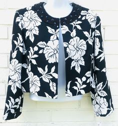 🎀 New Sigrid Olsen Velvet Jacket 🎀 New with tag RETAIL VALUE $109.00 gorgeous floral black + white pairs well with contrast dress up blouses or dress down tees  open with one neck hook & loop closure  SIZE 12, Medium Spring Embellished Long Sleeve Blazer, Fitted Outerwear With Embellished Collar For Work, Spring Embellished Workwear Outerwear, Spring Embellished Outerwear For Work, Spring Embellished Fitted Blazer, Chic Long Sleeve Outerwear With Embellished Collar, Embellished Long Sleeve Summer Outerwear, Summer Long Sleeve Embellished Outerwear, White Bolero Jacket