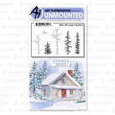 an art impressionss stamp featuring a house and trees in the snow with text that reads,