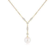 This lariat style necklace in 14K yellow gold infuses a hint of rustic charm to your look. The round Freshwater cultured pearl dangling from the rope-like loop is the highlight of this design. Prong and bezel set diamond accents enhance the sparkle of this long pearl necklace. Long Pearl Necklace, Lariat Style Necklace, Akoya Pearl Necklace, Pearl Lariat, Necklace With Diamonds, Long Pearl Necklaces, Cultured Pearl Necklace, Bezel Set Diamond, Mom Necklace