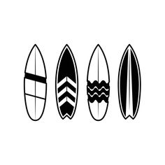 four surfboards are shown in black and white