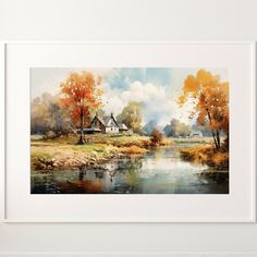 a painting of a house by the water with trees around it and clouds in the sky