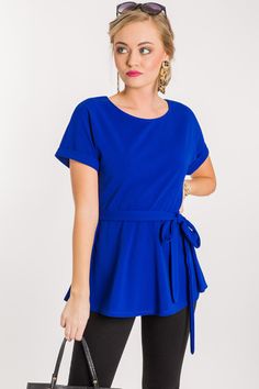 Best Belted Blouse, Royal Blue :: NEW ARRIVALS :: The Blue Door Boutique Versatile Blue Blouse For Work, Versatile Blue Blouse For Workwear, Casual Blue Tops With Tie Sleeves, Casual Tie Sleeve Tops For Office, Casual Office Tops With Tie Sleeves, Chic Blue Blouse With Tie Sleeves, Chic Blue Tops With Tie Back, Chic Blue Tops With Tie Sleeves, Short Sleeve Tie Waist Tops For Work