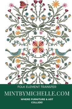 the front cover of folk element transferer, which features flowers and birds in green