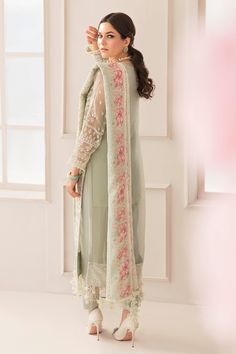 Embroidered Green Pakistani Party Dress in Chiffon fabric can be customized to a shirt style or Gown style. Floral designs and threads make this Pakistani Party Wear a masterpiece. Detailed Description: SKU: PS2477 Detailing: Embroidery, Threads, Tilla, Zari Color: Light green Fabric: Chiffon, Organza, Raw silk Design: Fully Embellished Dress with Embroidery, Floral designs Event: Party wear, Wedding Designer Georgette Dresses With Intricate Embroidery, Elegant Embroidered Saree Dress With Dupatta, Designer Georgette Dress With Resham Embroidery, Embroidered Long Sleeve Organza Dress, Fitted Embroidered Georgette Fabric For Formal Wear, Fitted Georgette Embroidered Fabric For Formal Occasions, Fitted Georgette Embroidered Fabric For Formal Wear, Long Sleeve Georgette Fabric With Resham Embroidery, Silk Embroidered Dress With Dupatta For Eid