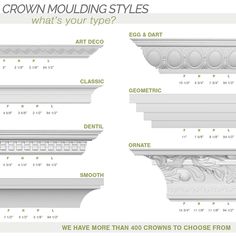 Increase the value of your home and transform ordinary to interesting with over 400 designs, we have something to match every decor style. Renovate a room or two faster and easier than before with our lightweight durable urethane crown mouldings. Compared to traditional trim materials, our products give you the look and feel of authentic wood or plaster for less. Factory primed, it comes ready for paint, gel stain, or faux finish; making it ideal for a variety of interior and exterior applicatio Cove Crown Molding, Chair Rail Moulding, Moulding Profiles, Leaf Crown, Crown Moulding, Panel Moulding, Raku Pottery, Chair Rail, Gel Stain