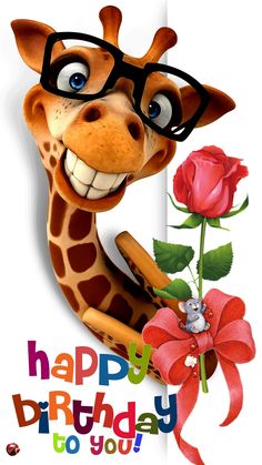 a cartoon giraffe with glasses holding a red rose and looking at the camera