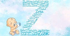 a baby drinking from a bottle with words written all over the place around it on a blue and white watercolor background