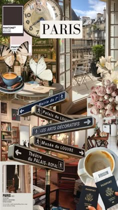 a collage of paris street signs, coffee cup and other things in the background