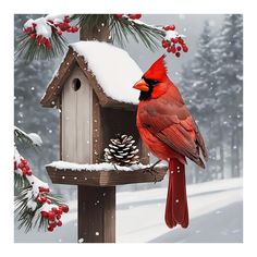 a cardinal sits on a birdhouse in the snow with pine cones and berries around it