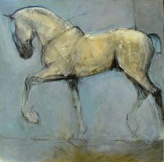 a drawing of a white horse on a blue background