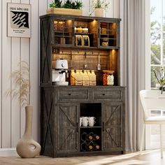 an image of a living room setting with coffee maker and wine rack in the corner