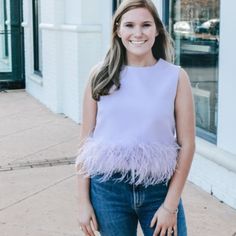 Purple Feather Trim Tank Top Never Worn, New With Tags Spring Sleeveless Tops With Feather Trim, Sleeveless Feather Trim Tops For Spring, Sleeveless Tops With Feather Trim For Spring, Chic Summer Tops With Feather Trim, Chic Spring Tops With Feather Trim, Chic Summer Top With Feather Trim, Chic Sleeveless Feathered Top, Elegant Feather Tops For Summer, Chic Summer Tops With Feathers