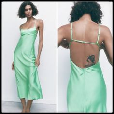 Details: Brand: Zara Size: Xxl Material: Polyester Style: Turn Heads In This Sensational Strappy Dress. It Features Adjustable Spaghetti Straps, A Discreet Back Vent And A Hidden Side Seam Zipper. Its Satin-Like Finish Enhances The Striking Green Hue, Making It A Standout Piece For Any Special Occasion. Condition: Nwt Measurements: Please Refer To The Photos. Colour May Vary From Device To Device New To Poshmark? Sign Up With Code "Second_bloomus" And Receive A $10 Credit Skater Girl Dress, Zara Midi Dress, Denim Jumper Dress, Zara Black Dress, Belted Wrap Dress, Cotton Long Dress, Shirtwaist Dress, Black Halter Dress, Strappy Dress