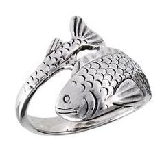 This is a very cool ring. It is great for everyday wear and is even comfortable to wear to sleep. It features a detailed wrap around fish design and measures just shy of 3/4" wide. Fish Wrap, Fish Ring, Animal Ring, Sterling Silver Spoons, Silver Fish, Animal Rings, Female Male, Funky Jewelry, Band Jewelry