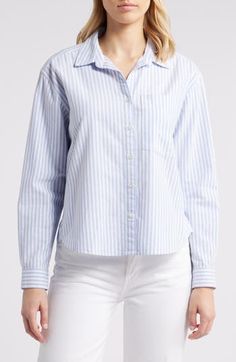 A roomy fit upgrades the sophisticated shape of a stripe print shirt shaped by a spread collar and long sleeves. 25 1/2" length Button front closure 100% cotton Machine wash, tumble dry Imported Model stats: 5'10" height, 32" bust, 25" waist, 36". Daywear Tops With Striped Spread Collar, Spring Top With Striped Spread Collar, Collared Striped Shirt For Daywear, Casual Tops With Striped Spread Collar, Relaxed Fit Blouse With Striped Collared, Relaxed Fit Blouse With Striped Collar, Striped Collar Shirttail Hem Top, Spring Tops With Striped Collar And Shirttail Hem, Everyday Striped Collared Shirt