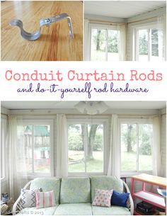 a collage of photos with the words conduit curtain rods and do - it - yourself rod hardware