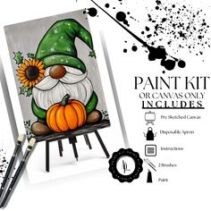 a painting kit with an image of a gnome holding a pumpkin and sitting on a easel