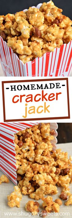 homemade cracker jack popcorn in red and white striped paper