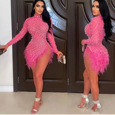 Enopink Women's Sexy Mesh Sheer Rhinestone Bodycon Mini Dresses Feather Long Sleeve Date Night Dress Birthday Outfits Night Mini Dress, Trendy Party Dresses, Sequin Sleeve, Club Night, Glitter Dress, Feather Dress, Fashion Night, Turtle Neck Dress, Party Dresses For Women