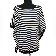 Size S/M Chest: 46” Length: 26” Brand New With Tags! Soft Cotton Poncho With Timeless Navy Blue And White Stripes. Draw String Hem With Corded Rope And Blue Tassels. Vertical Stitching Up The Side To Create Sleeves. Excellent Condition. No Holes Or Stains. Smoke Free Home. Reasonable Offers Welcomed. White Nautical Tops For Vacation, Nautical Blue Top For Beach, Oversized Striped Beach Top, Casual Batwing Sleeve Tops For Beach Cover-up, Casual Batwing Sleeve Top For Beach, Navy Beach Tops For Beach Season, Beach Poncho, White Sleeveless Top, Dressy Tank Tops