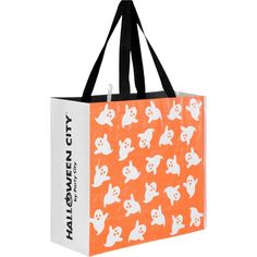 an orange and white halloween shopping bag with ghostes on it, all over the front