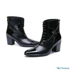 OrcaJump - Fashionable Casual Genuine Leather Ankle High Heel Boots with Lace-up Ankle High Heel Boots, Men's British Style, Lace High Heels, Mens Dress Boots, Men In Heels, Black High Heel Boots, Lace Up High Heels, Mens Winter Boots, Mens Leather Boots