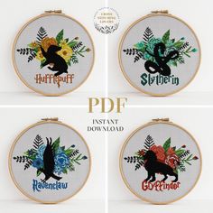 four cross stitch hoops with different designs on them