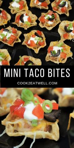 mini taco bites with toppings on top and in the background text overlay reads, mini taco bites