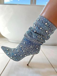 Chelsea Embellished Denim Boots – Atlanta Shoe Studio Embellished Boots, Shoe Model, Flower Heels, Francescas Dresses, Boot Pulls, Diamond Life, Embellished Heels, Denim Boots, Embellished Denim