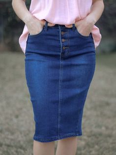 Our Maia Denim skirt - dark wash is such a perfect wash and button detailing truly gives it that spunk that we love! The perfect new addition to our denim collection! Details buttons going down front 4 button closure vent on back stretch denim for a looser fit size up Sizing (measurements are approximate) Small - 30" waist | 37" hips | 26" length Medium - 31" waist | 38" hips | 26” length Large - 32" waist | 39" hips | 26" length 1X-Large - 35" waist | 40" hips | 26" length 2X-Large - 37" waist Church Dress Outfit, Modest Denim Skirts, Button Down Denim Skirt, Dark Denim Skirt, Vintage Denim Skirt, Jean Skirts, Jeans Outfit Women, Overall Skirt, Denim Skirt Outfits