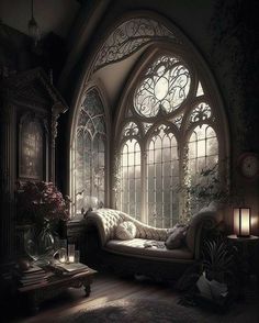 a gothic - styled living room with an arched window, couch and coffee table in the corner